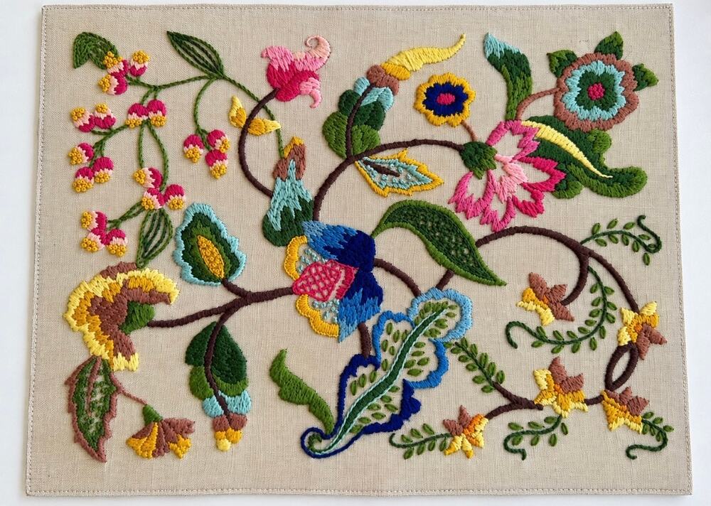 Vtg Crewel Embroidery Floral Textile Panel Beige Linen Colorful Botanical Art